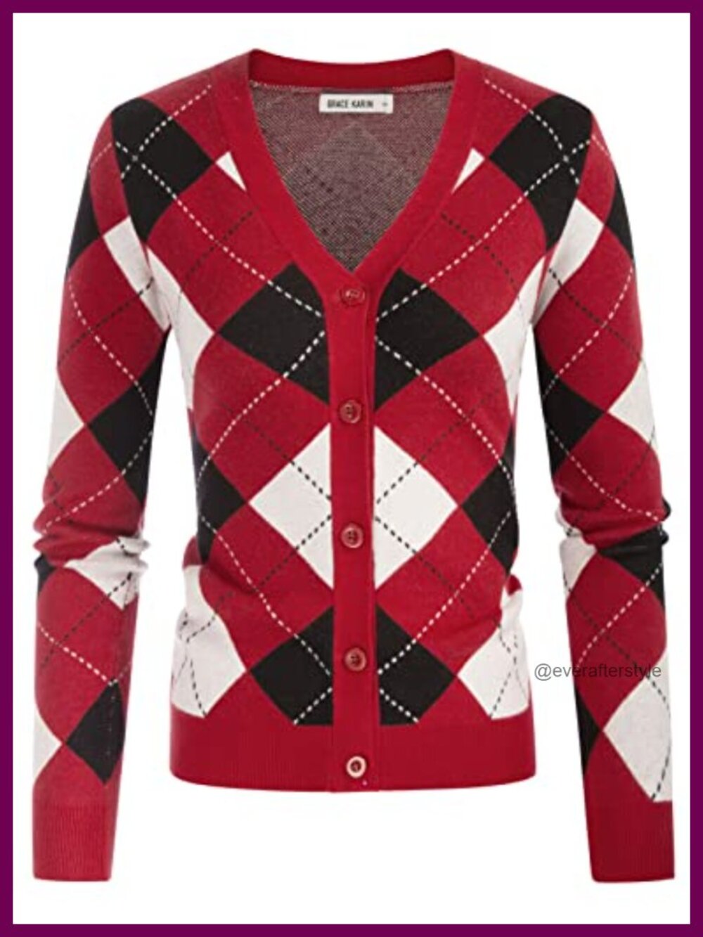 GRACE KARIN Women's Argyle Button Down Cardigan Sweater Slim Fit V-Neck Long